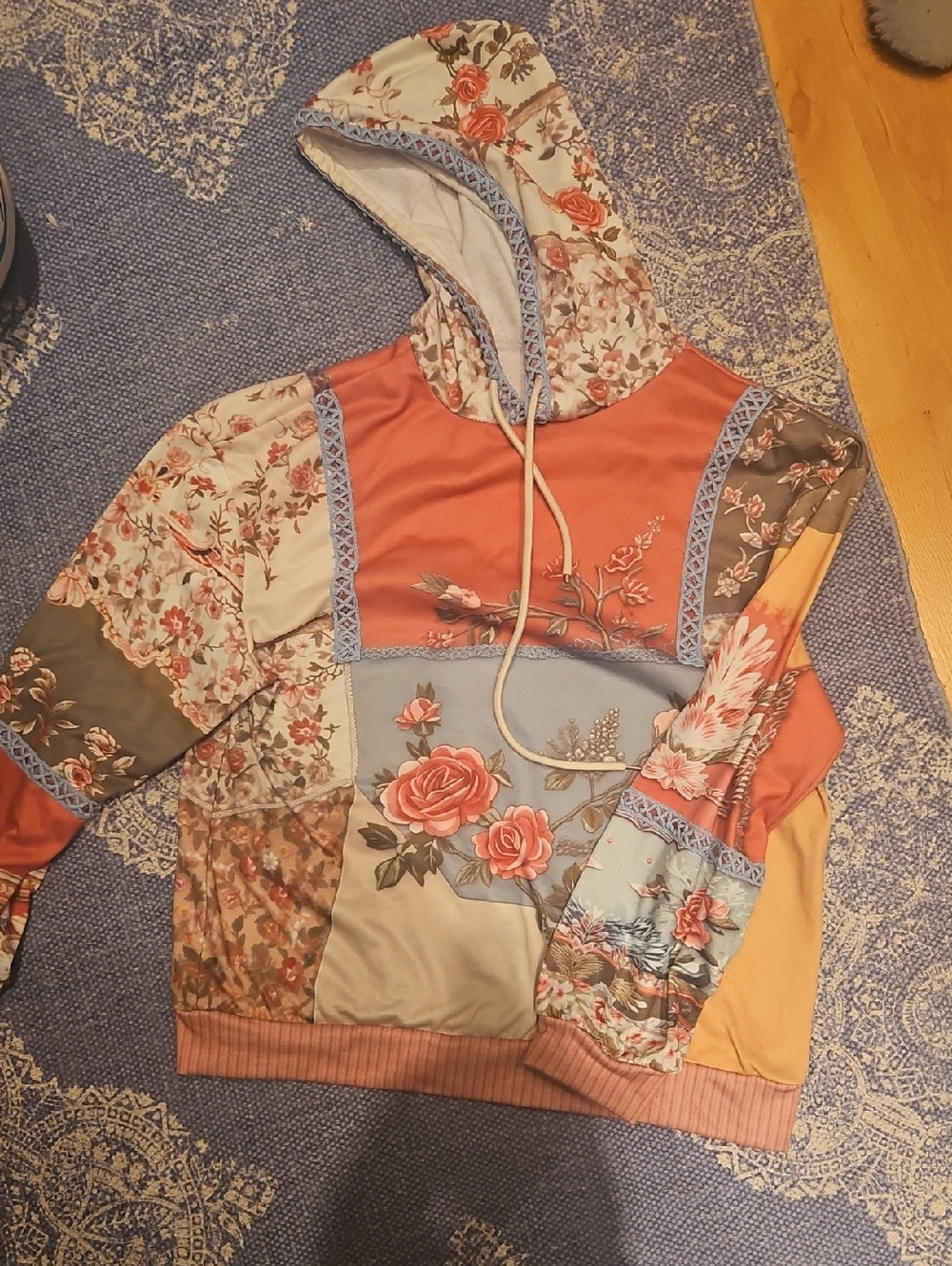 Floral Patchwork Hoodie in Coral, Blue & Cream